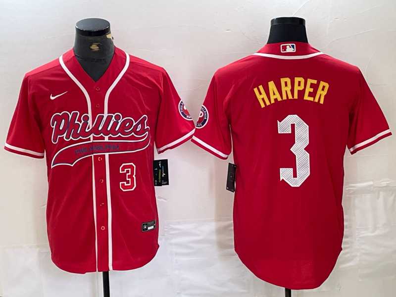 Mens Philadelphia Phillies #3 Bryce Harper Number Red Cool Base Stitched Baseball Jersey->philadelphia phillies->MLB Jersey